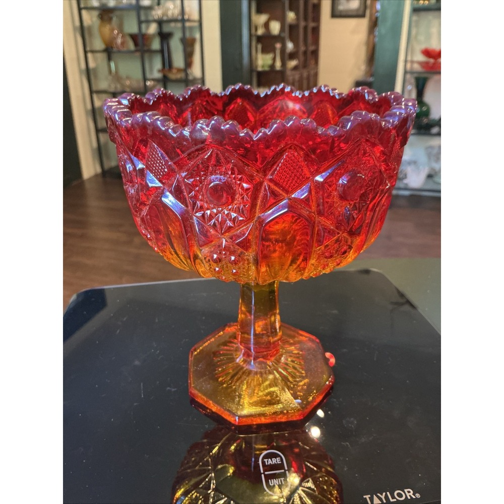 Vintage‎ Amberina Glass Quintec 6.5" Compote Pedestal Dish Sawtooth  Rim